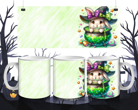 Kawaii Tasse Hase im Zaubertopf mit Hut | Magische Keramiktasse 330 ml | Süßes Geschenk für Kinder, Tier- & Herbstfans