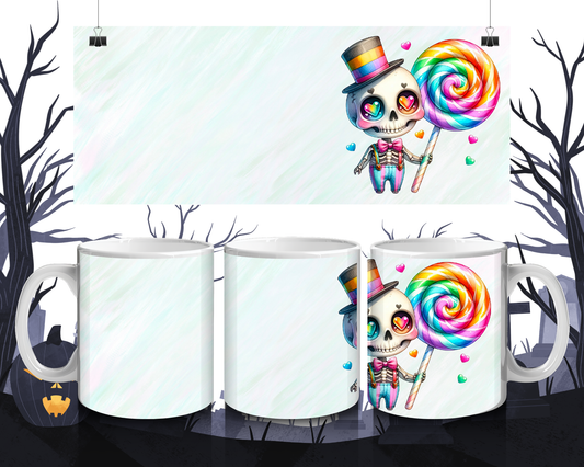 Kawaii Tasse Skelett mit Zylinder & Loli | Halloween Keramiktasse 330 ml | Geschenkidee für Gothic-  Kawaii-Fans