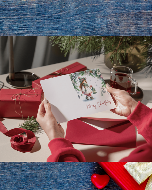 Weihnachtskarte Mädchen mit Laterne DIN A5 – Märchenhafte Merry Christmas Karte | Weihnachtskarte mit Umschlag