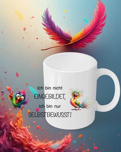 Funny mug “I’m not conceited – I’m just confident” – Humorous gift idea – Colorful bird saying mug –