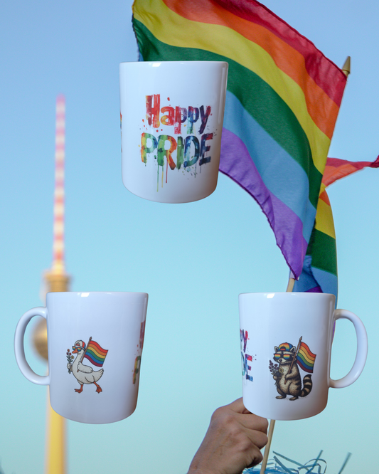 Happy Pride Mug with Raccoon &amp; Duck – Funny Pride Mug – Colorful Coffee Mug for LGBTQ+ Fans – Gift Idea