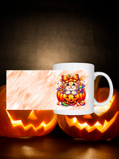 Kawaii Tasse Katzenmädchen im Halloween-Kürbis | Süße Keramiktasse 330 ml | Geschenkidee für Katzen- & Halloweenfans