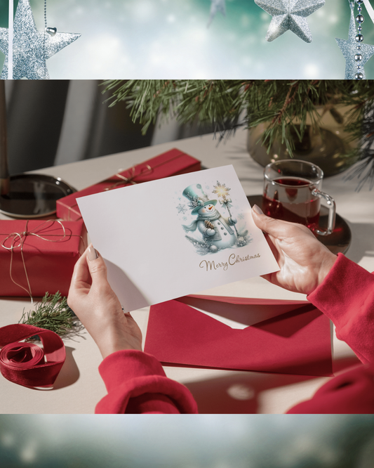 Weihnachtskarte Schneemann DIN A5 – Edle Merry Christmas Karte in Eisblau | Weihnachtskarte mit Umschlag