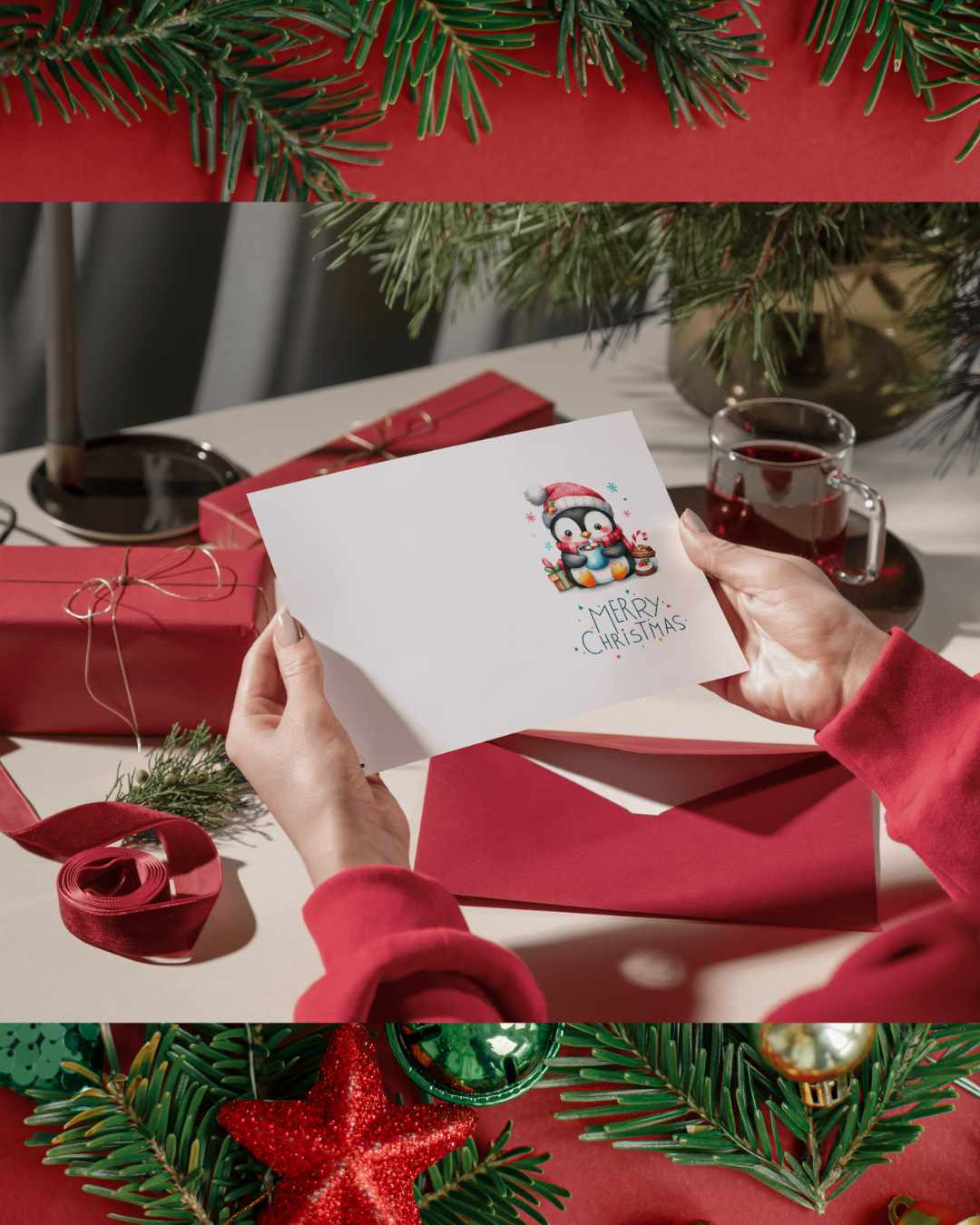 Weihnachtskarte mit Pinguin – Niedliche Weihnachtskarte zum Sofort-Download