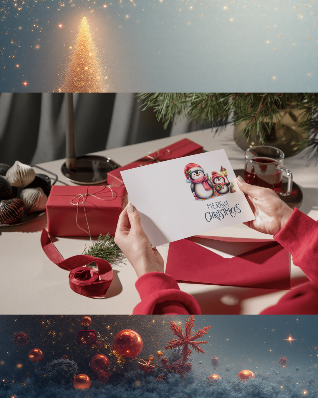 Weihnachtskarte mit zwei Pinguinen – Süße Weihnachtskarte zum Sofort-Download