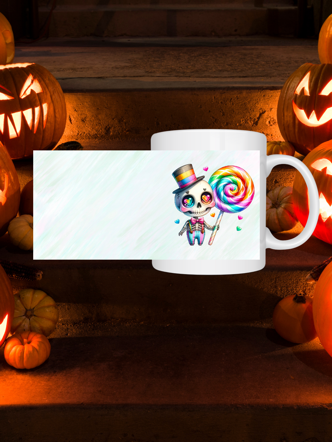 Kawaii Tasse Skelett mit Zylinder & Loli | Halloween Keramiktasse 330 ml | Geschenkidee für Gothic-  Kawaii-Fans