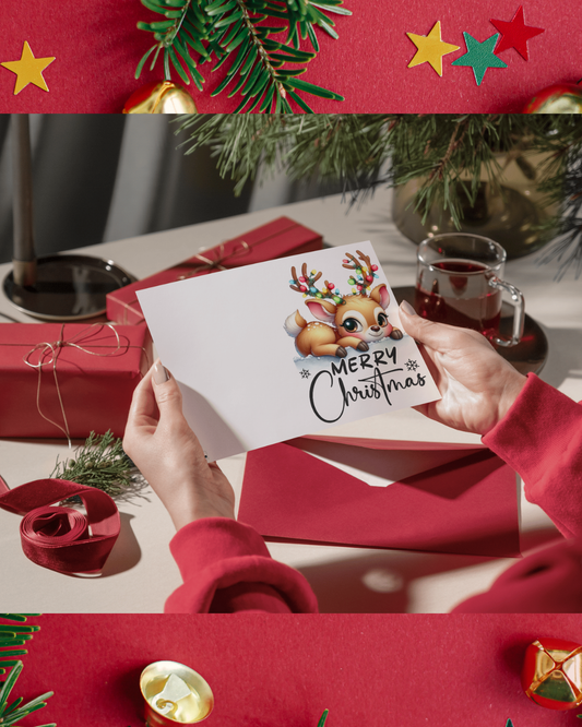 Weihnachtskarte Rentier DIN A5 – Niedliche Merry Christmas Karte mit Lichterkette | Weihnachtskarte mit Umschlag