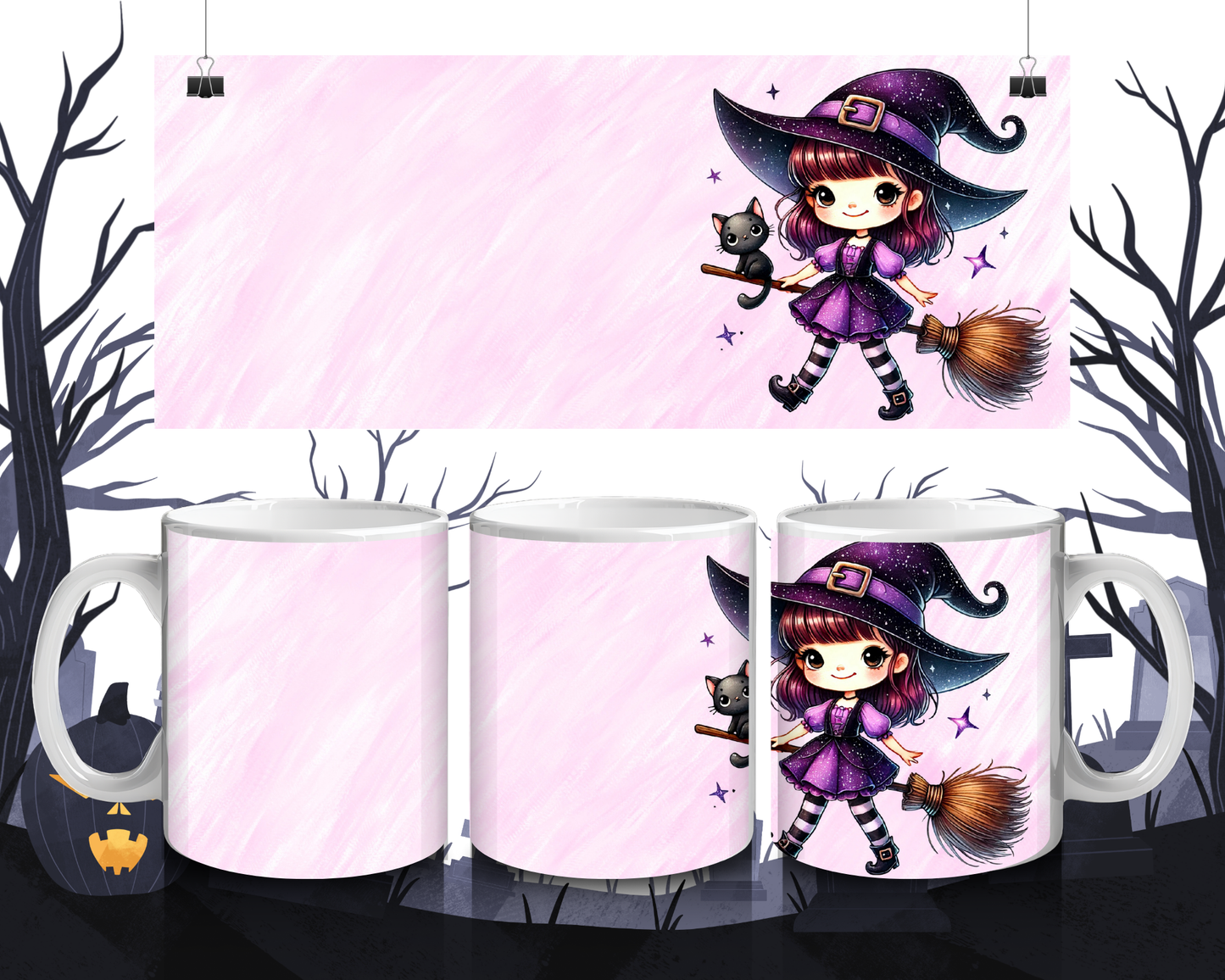 Süße Hexe Tasse mit Besen – Kawaii Halloween & Herbst Design, Geschenkidee für Hexenfans, Spülmaschinenfest  Mikrowellengeeignet