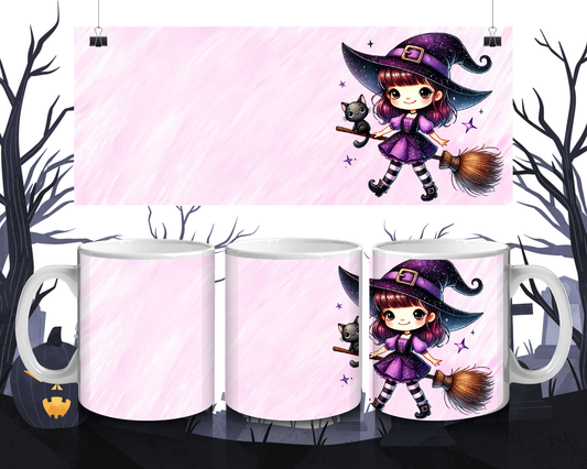 Süße Hexe Tasse mit Besen – Kawaii Halloween & Herbst Design, Geschenkidee für Hexenfans, Spülmaschinenfest  Mikrowellengeeignet