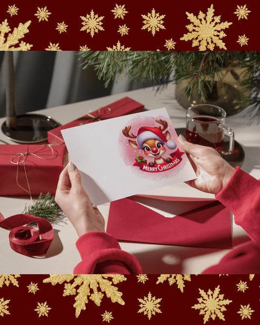 Weihnachtskarte Rentier Rotnase DIN A5 – Lustige Merry Christmas Karte mit Schleife; Weihnachtsmütze | Weihnachtskarte mit Umschlag