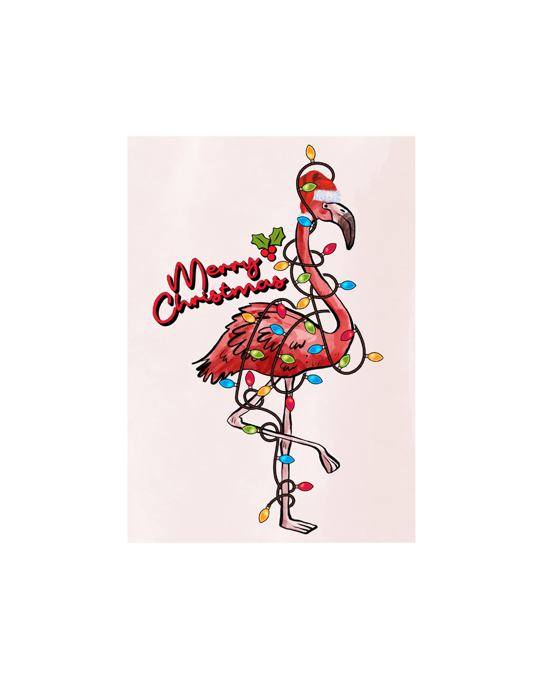 Lustige Weihnachtskarte mit Flamingo & Lichterkette – Originelle Weihnachtskarte zum Sofort-Download