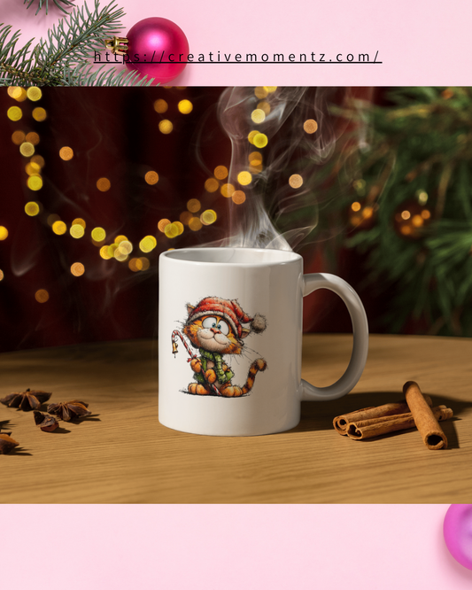 Weihnachtstasse mit süßer Katze | Lustige Katzen Tasse mit Mütze & Zuckerstange | Geschenk für Katzenliebhaber | Xmas Mug | Niedliche Winter Tasse