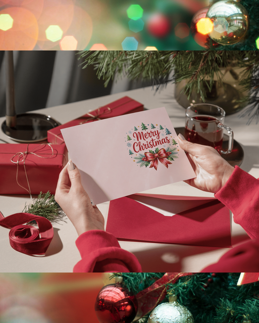 Weihnachtskarte Schleife DIN A5 – Klassische Merry Christmas Karte mit Tannenzweigen und Schleife | Weihnachtskarte mit Umschlag
