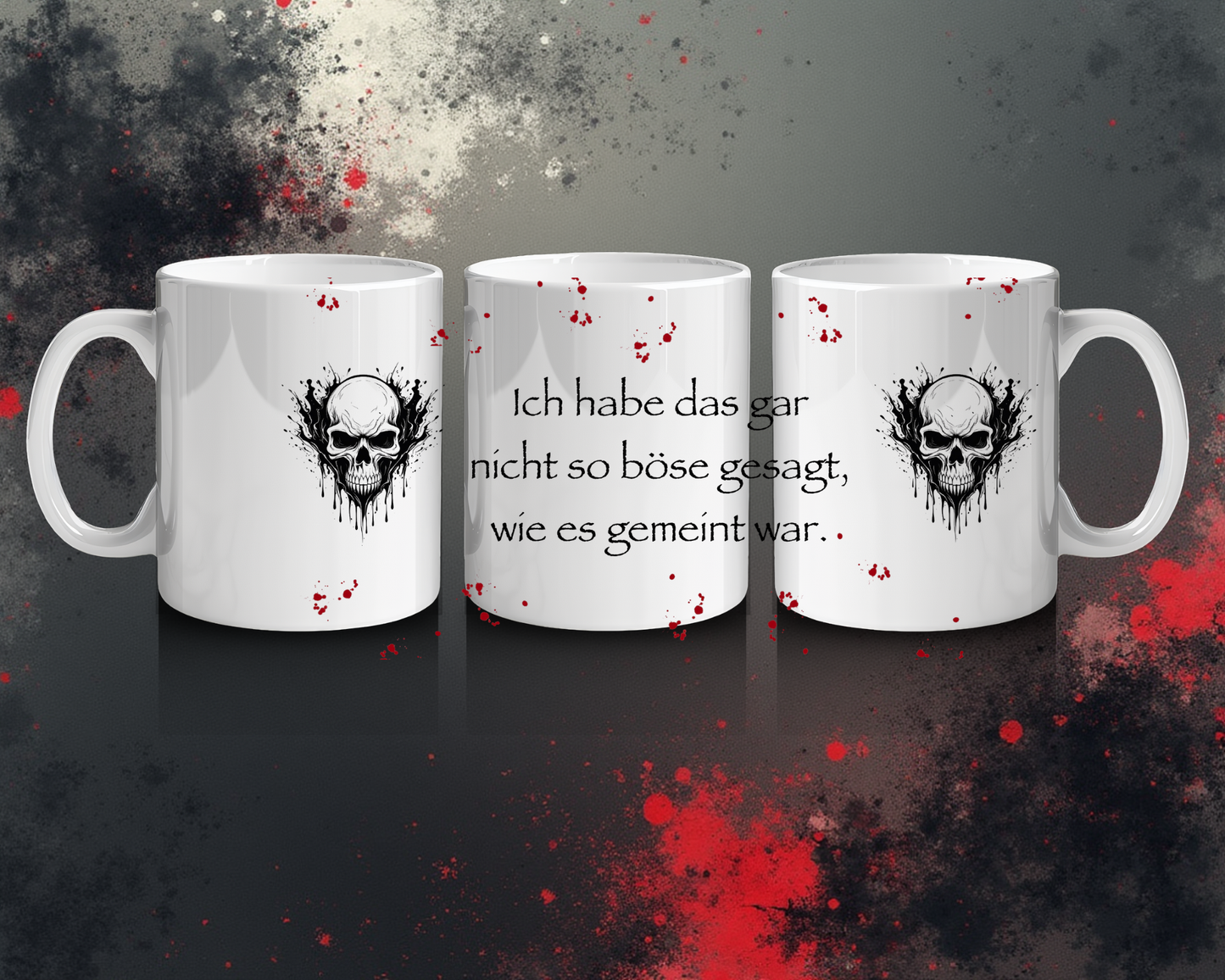 풍자 머그 - "그렇게 나쁜 뜻은 아니었어요..." - 블랙 유머와 해골 디자인