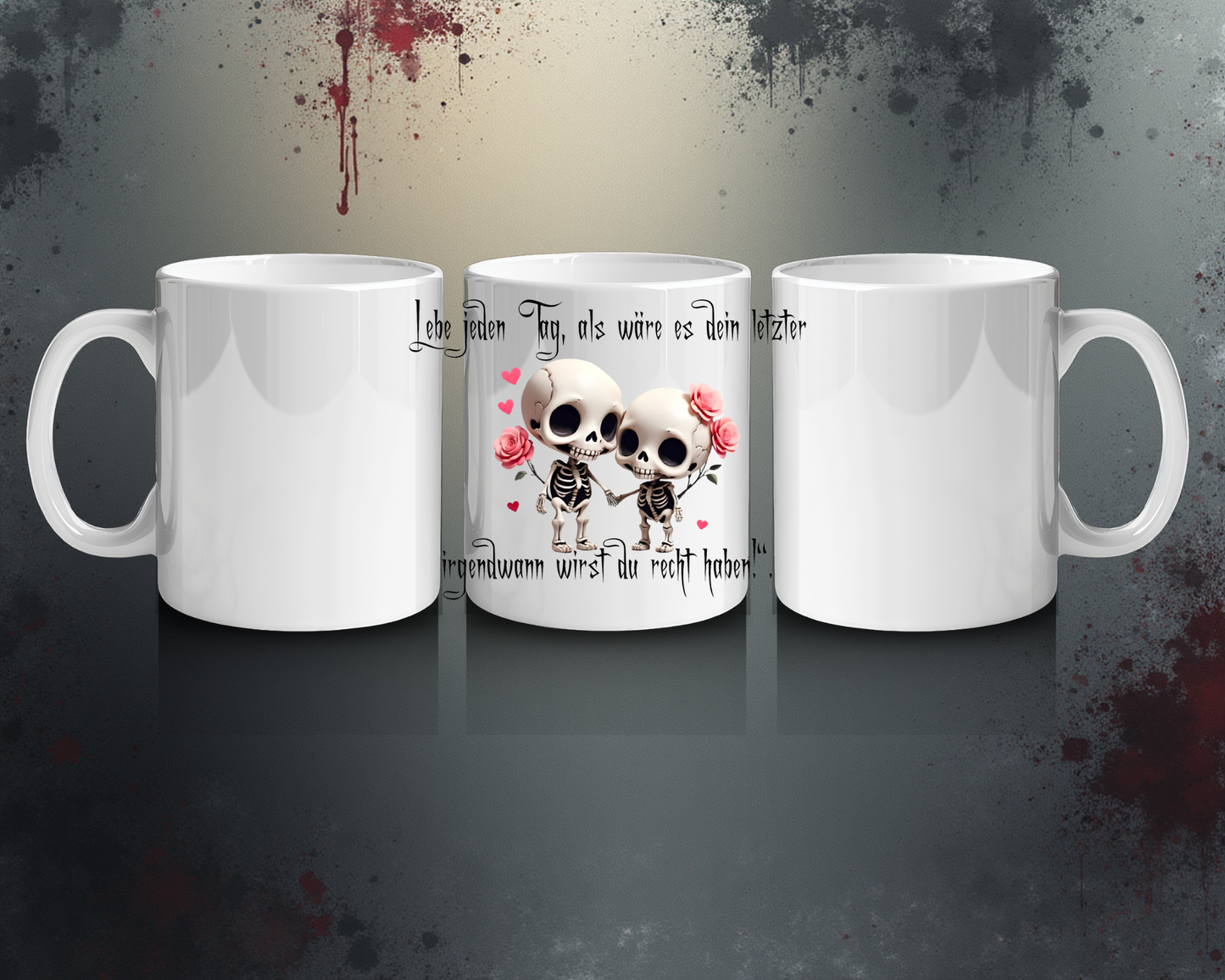 Gothic Tasse mit Skelett-Pärchen – "Lebe jeden Tag…" – schwarzer Humor & Liebe vereint
