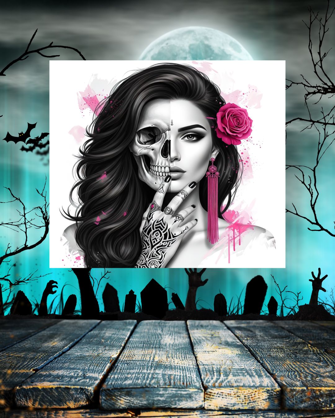 Halloween Tumbler mit Frau und halbem Totenschädel – Stylisches Design trifft Funktionalität