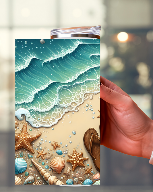 Beach Tumbler „Strand Muscheln“ – Maritime Eleganz für heiße und kalte Getränke