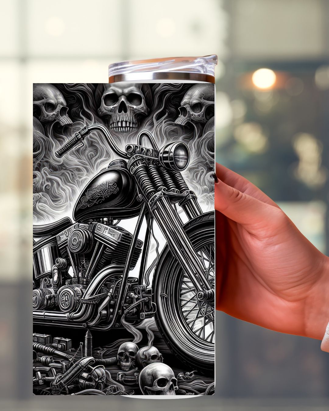 Horror Tumbler mit Totenkopf-Motorrad – düsteres Design für Biker & Halloween-Fans