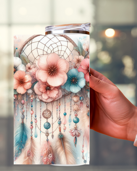 Natur Tumbler mit Blumen- und Traumfänger-Motiv – Stilvoll und praktisch für den Alltag