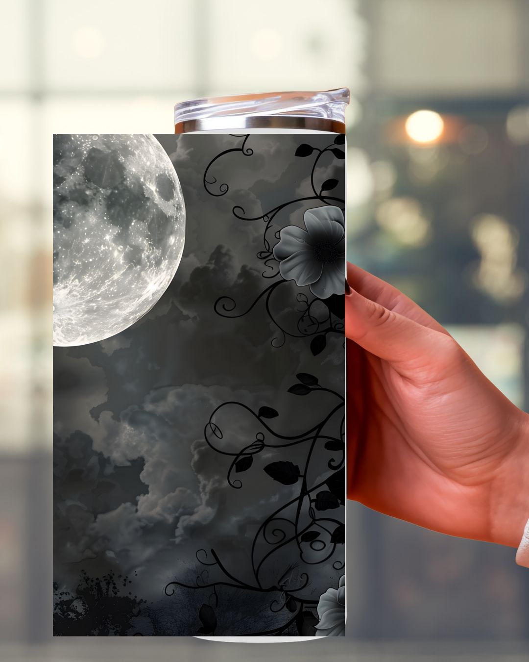 Gothic Tumbler mit Vollmond & Blumen – eleganter Edelstahl-Becher für Halloween & Fantasy-Fans