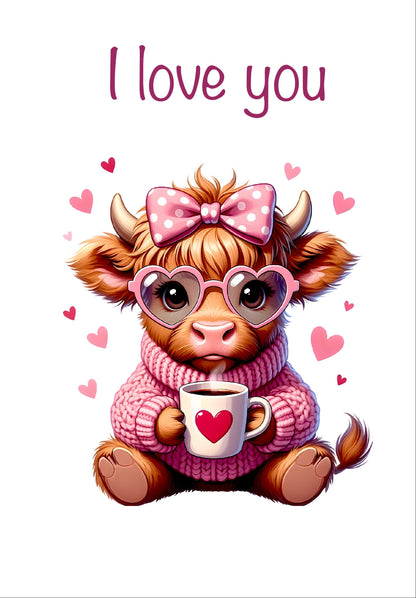 Valentinskarte Highland Kuh „I love you“ zum Ausdrucken | Süße Liebeskarte mit Herz & Tasse | Romantische PDF Karte | Digitaler Download