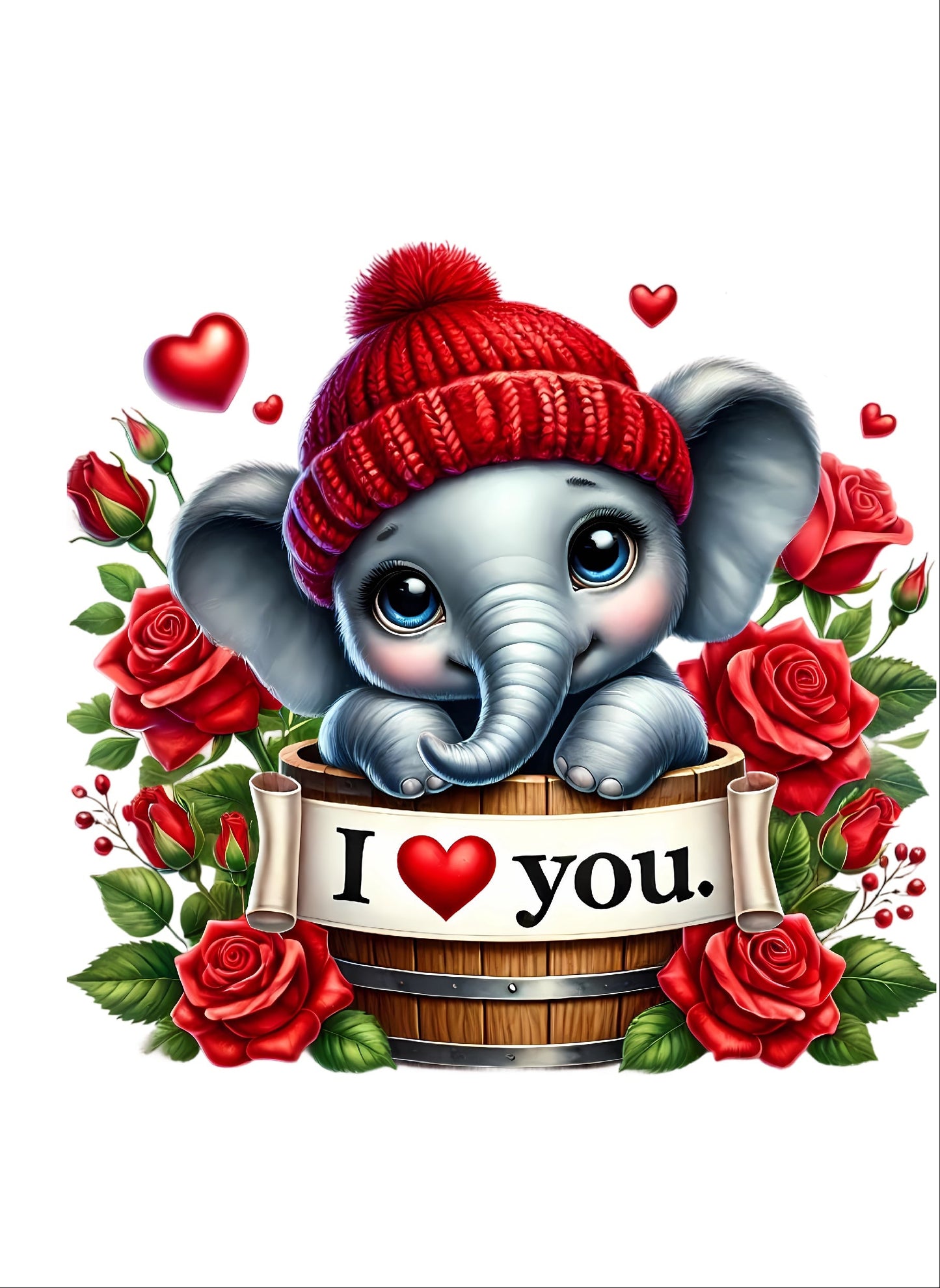 💖 Digitale Valentinskarte „I Love You“ – Süßer Elefant mit Rosen | Romantische Liebeskarte zum Download