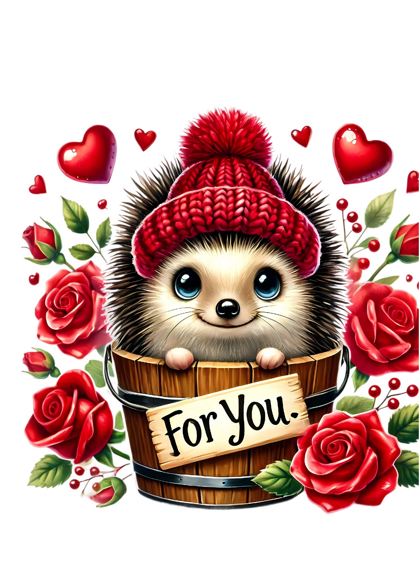 Valentinskarte Igel „For you“ zum Ausdrucken | Süße Liebeskarte mit Rosen & Herzen | Romantische PDF Karte | Digitaler Download