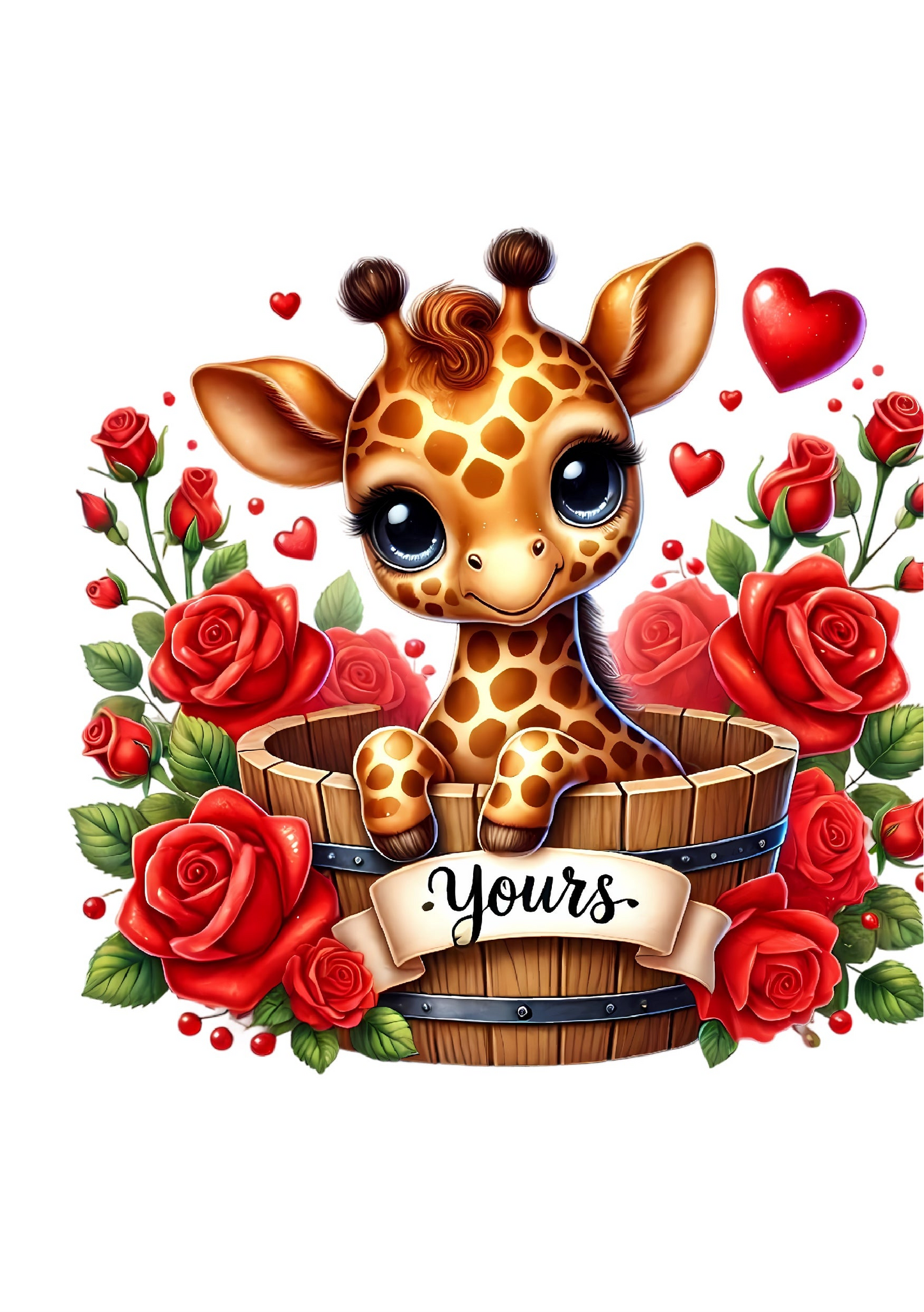 Valentinskarte Giraffe „Yours“ zum Ausdrucken | Süße Liebeskarte mit Rosen & Herzen | Romantische PDF Karte | Digitaler Download