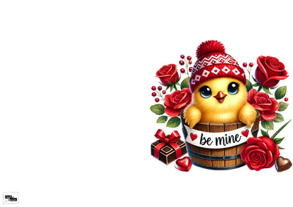 Valentinskarte mit Umschlag – Süßes Küken „Be mine“ – Romantische Liebeskarte mit Herz, Rosen & Geschenk zum Valentinstag