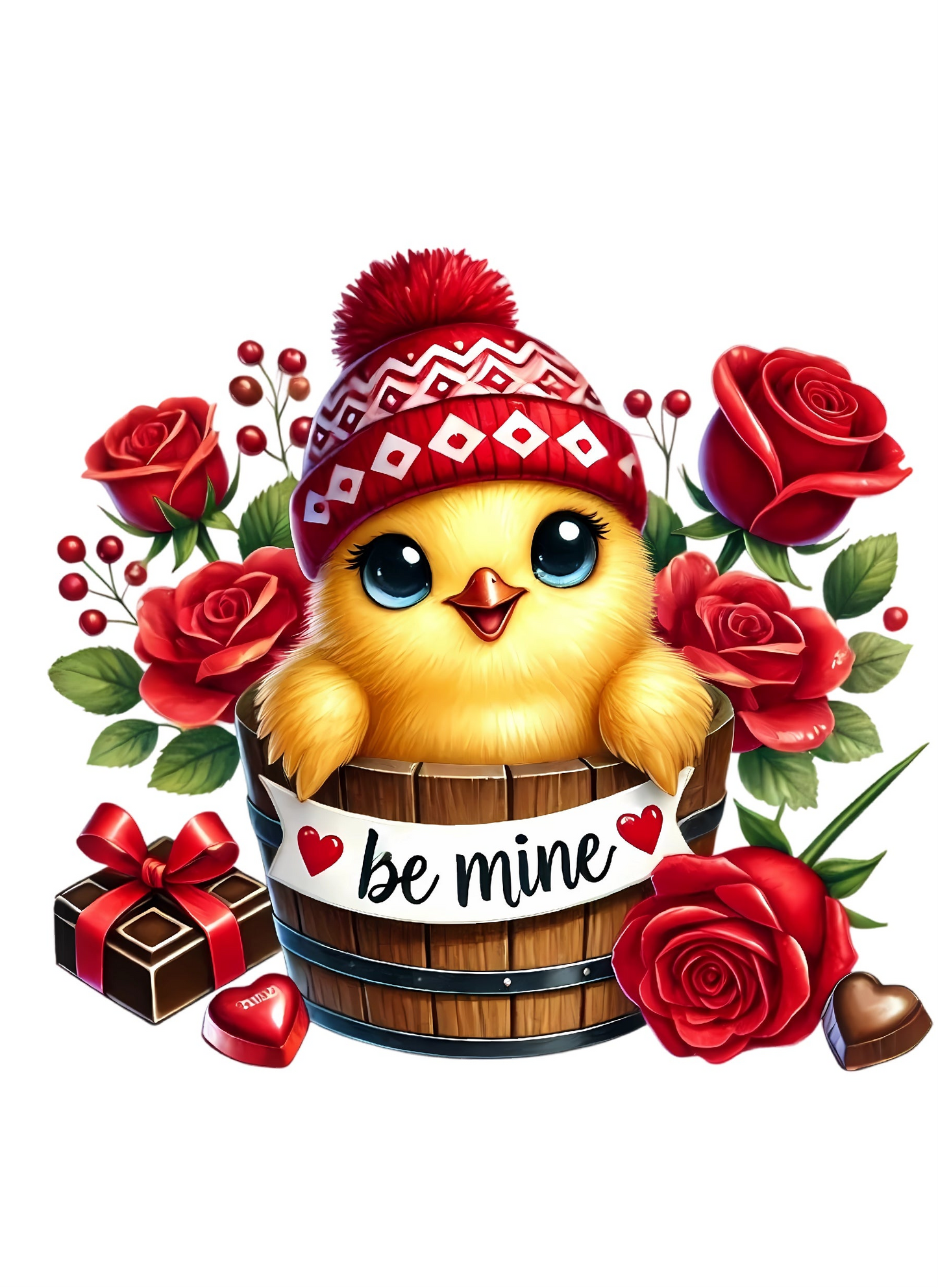 Valentinskarte mit Umschlag – Süßes Küken „Be mine“ – Romantische Liebeskarte mit Herz, Rosen & Geschenk zum Valentinstag