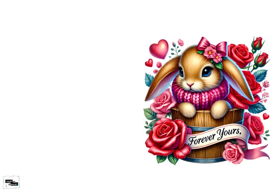 Valentinskarte Hase „Forever Yours“ zum Ausdrucken | Romantische Liebeskarte mit Rosen & Herzen | Süße PDF Karte | Digitaler Download