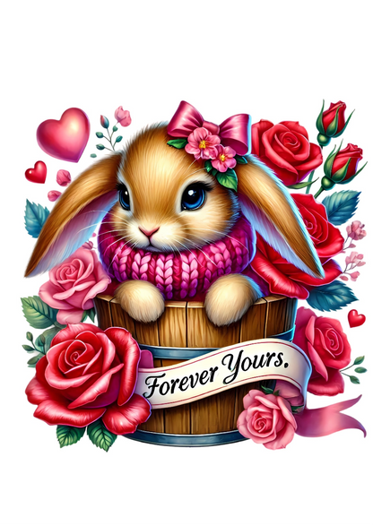 Valentinskarte Hase „Forever Yours“ zum Ausdrucken | Romantische Liebeskarte mit Rosen & Herzen | Süße PDF Karte | Digitaler Download