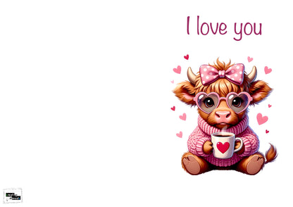 Valentinskarte Highland Kuh „I love you“ zum Ausdrucken | Süße Liebeskarte mit Herz & Tasse | Romantische PDF Karte | Digitaler Download