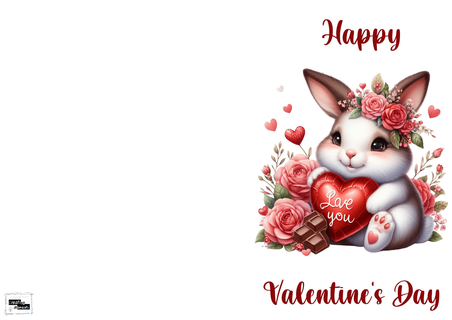 Valentinskarte Hase „Happy Valentine’s Day“ zum Ausdrucken | Süße Liebeskarte mit Herz & Blumen | Romantische PDF Karte | Digitaler Download
