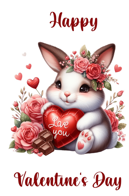 Valentinskarte Hase „Happy Valentine’s Day“ zum Ausdrucken | Süße Liebeskarte mit Herz & Blumen | Romantische PDF Karte | Digitaler Download