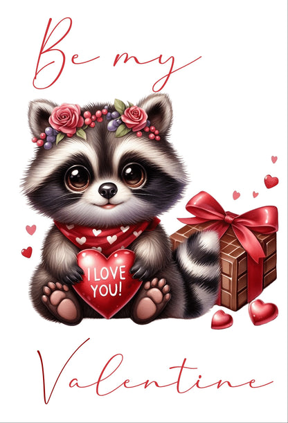 Valentinskarte mit Umschlag – Süßer Waschbär „Be my Valentine“ – Romantische Liebeskarte mit Herz & Geschenk zum Valentinstag