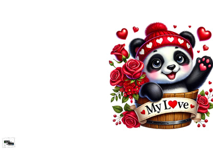 Valentinskarte Panda „My Love“ zum Ausdrucken | Süße Liebeskarte mit Rosen & Herzen | Romantische PDF Karte | Digitaler Download