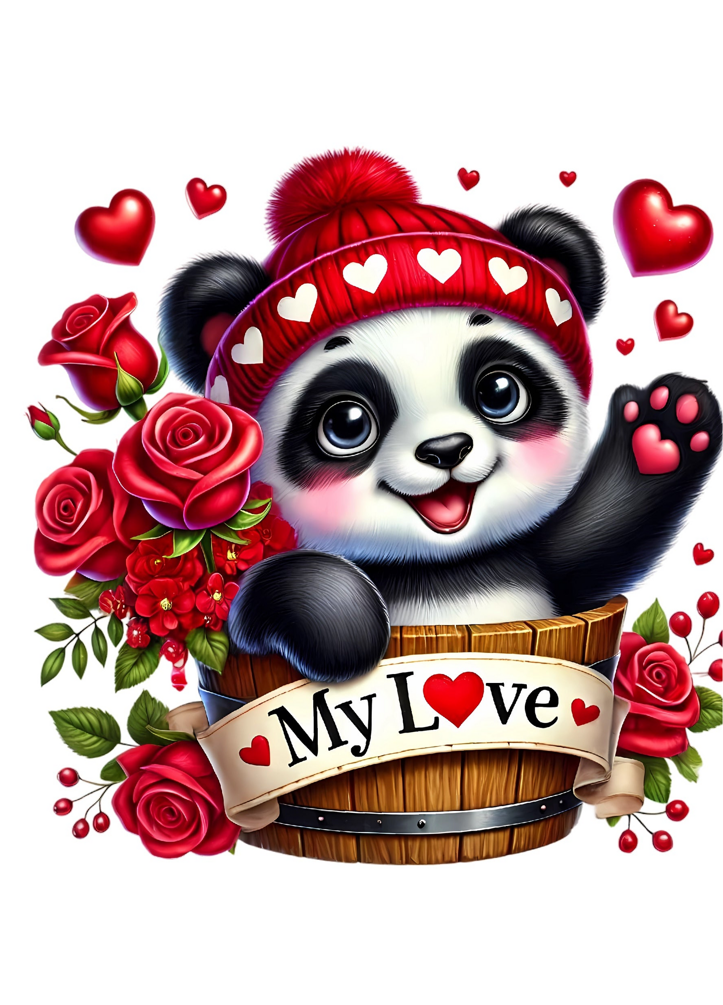 Valentinskarte Panda „My Love“ zum Ausdrucken | Süße Liebeskarte mit Rosen & Herzen | Romantische PDF Karte | Digitaler Download