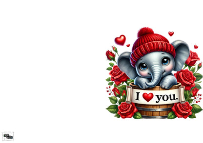 💖 Digitale Valentinskarte „I Love You“ – Süßer Elefant mit Rosen | Romantische Liebeskarte zum Download