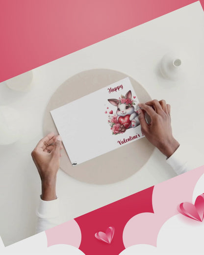 Valentinskarte Hase „Happy Valentine’s Day“ zum Ausdrucken | Süße Liebeskarte mit Herz & Blumen | Romantische PDF Karte | Digitaler Download
