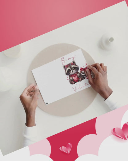 Valentinskarte mit Umschlag – Süßer Waschbär „Be my Valentine“ – Romantische Liebeskarte mit Herz & Geschenk zum Valentinstag