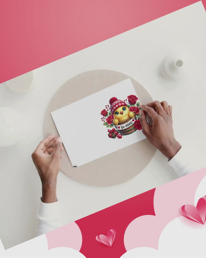 Valentinskarte mit Umschlag – Süßes Küken „Be mine“ – Romantische Liebeskarte mit Herz, Rosen & Geschenk zum Valentinstag