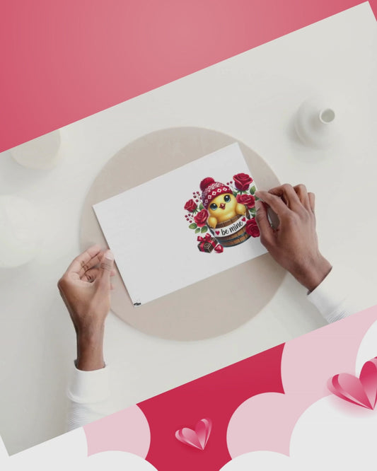 Valentinskarte mit Umschlag – Süßes Küken „Be mine“ – Romantische Liebeskarte mit Herz, Rosen & Geschenk zum Valentinstag